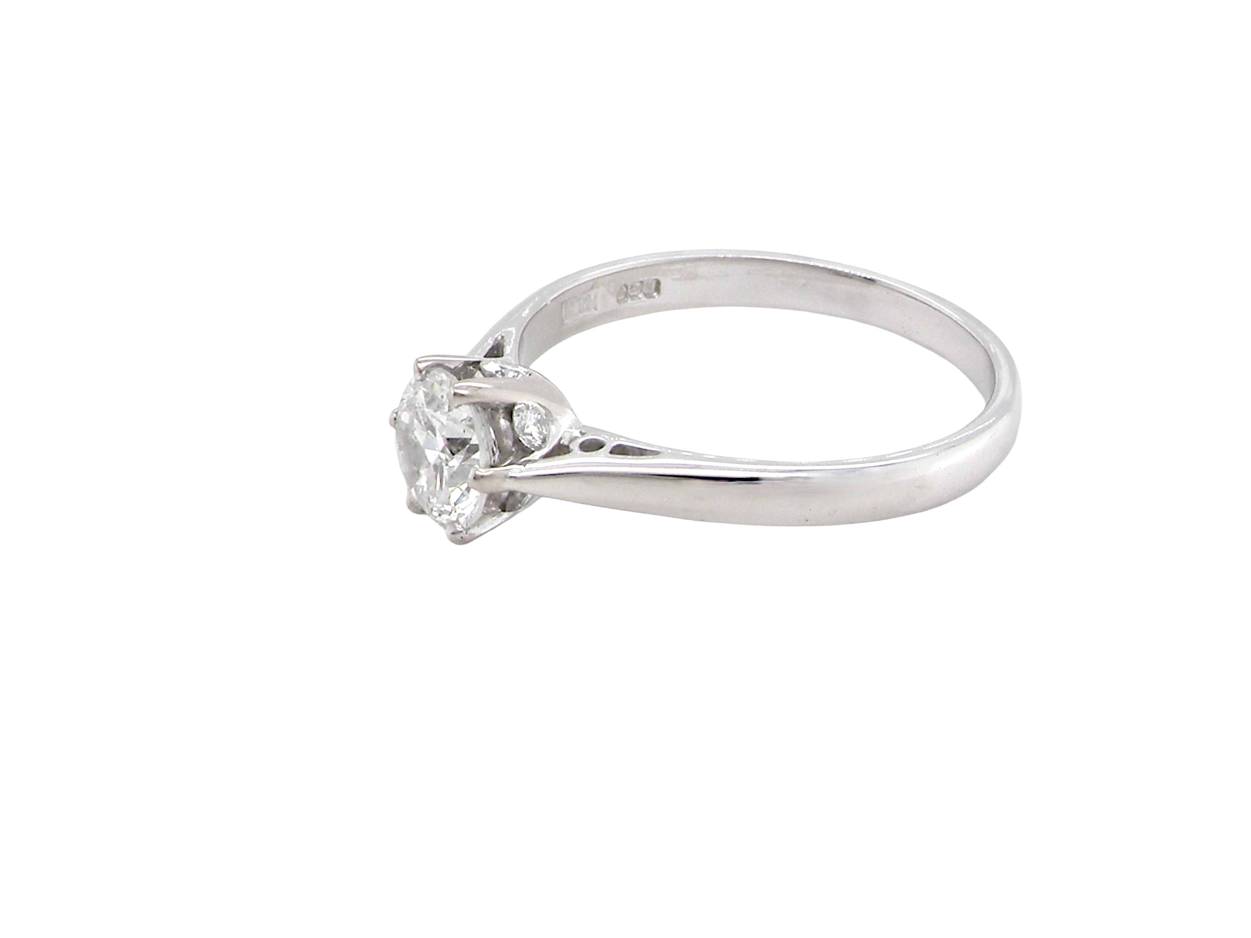 side fine solitaire ring featuring a single brilliant-cut white diamond, measuring approximately 6mm (estimated 0.75 carats).
