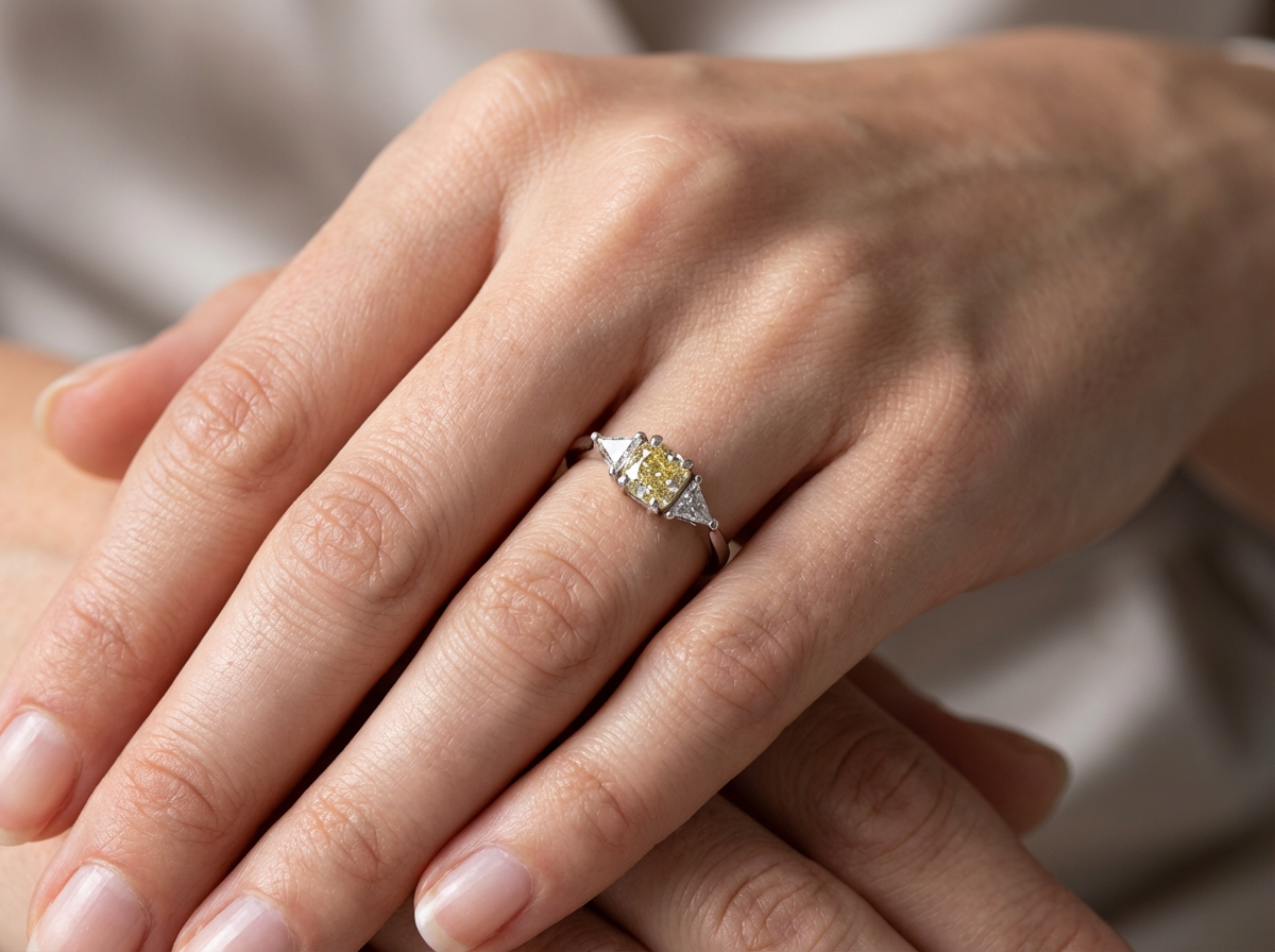 striking and elegant trilogy ring crafted in 18-carat white gold, set with a vibrant fancy yellow cushion-cut diamond hand
