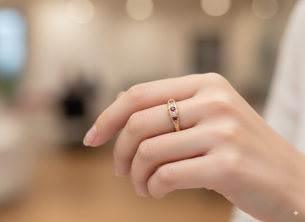 Antique 18ct Gold Ruby &amp; Diamond Boat Ring, Early 20th Century