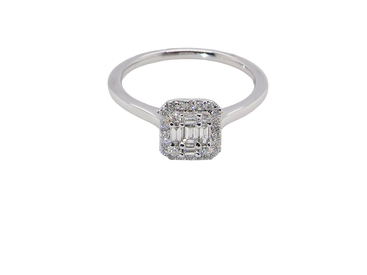 top A 9 carat white gold cluster ring. The centre is set with five baguette cut white diamonds, 3 x 2x1.2mm, 2 x 1mm.
