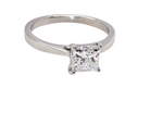 top A fine solitaire ring featuring a square cut diamond of excellent quality.

Superb colour grade of E, excellent clarity- graded VVS2*. Stone measures 5x5x3.68, confirmed as 0.83 carats.