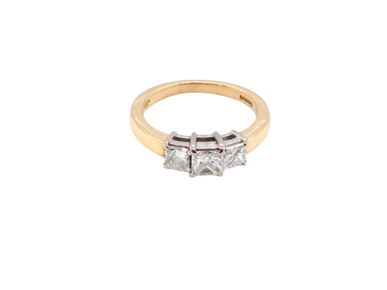 Gold ring with two diamonds on a white background