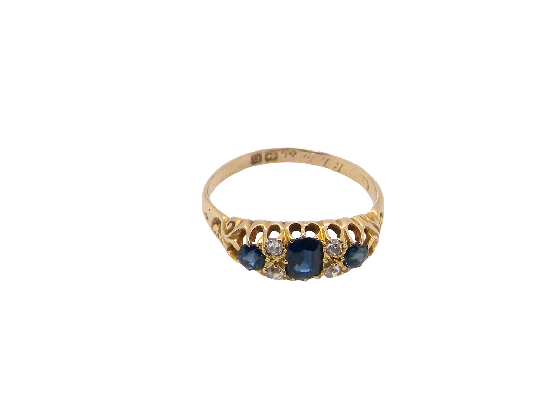 top view An 18 carat gold early 20th century ring set with three sapphires. Centre 5x3.8mm each&nbsp; end 3.8x2.8mm.