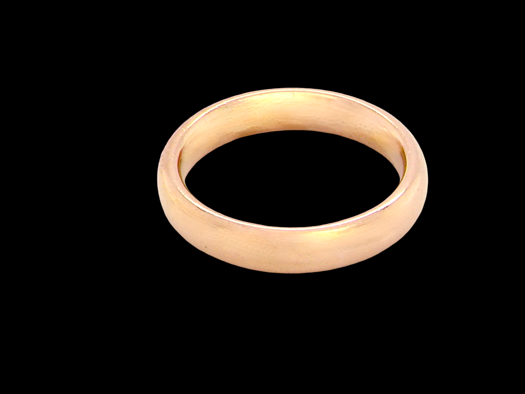 wedding ring is 22 carat gold, just 2 points off pure.

3.6mm width, 1.9mm depth, weight 5.2grams. 