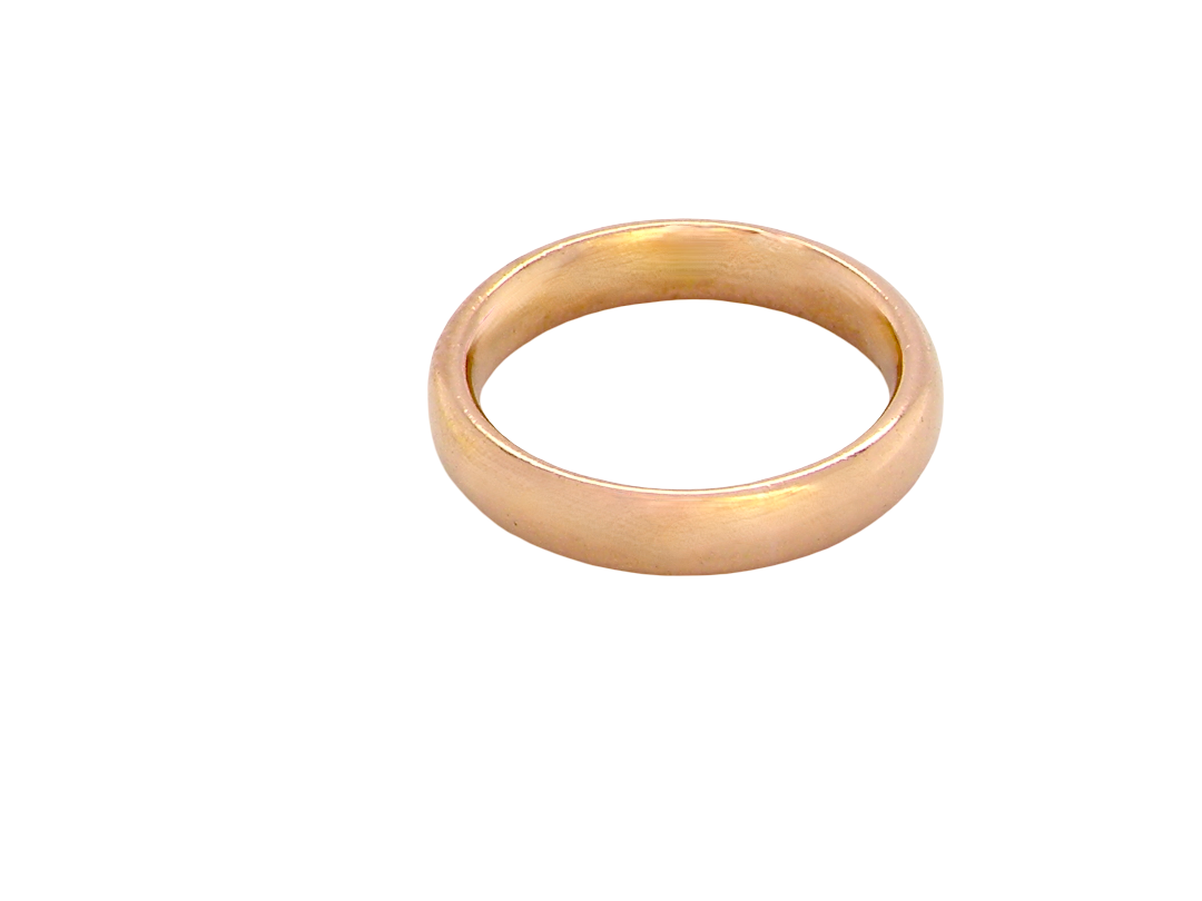 wedding ring is 22 carat gold, just 2 points off pure.

3.6mm width, 1.9mm depth, weight 5.2grams. A lovely deep gold colour and patina.
