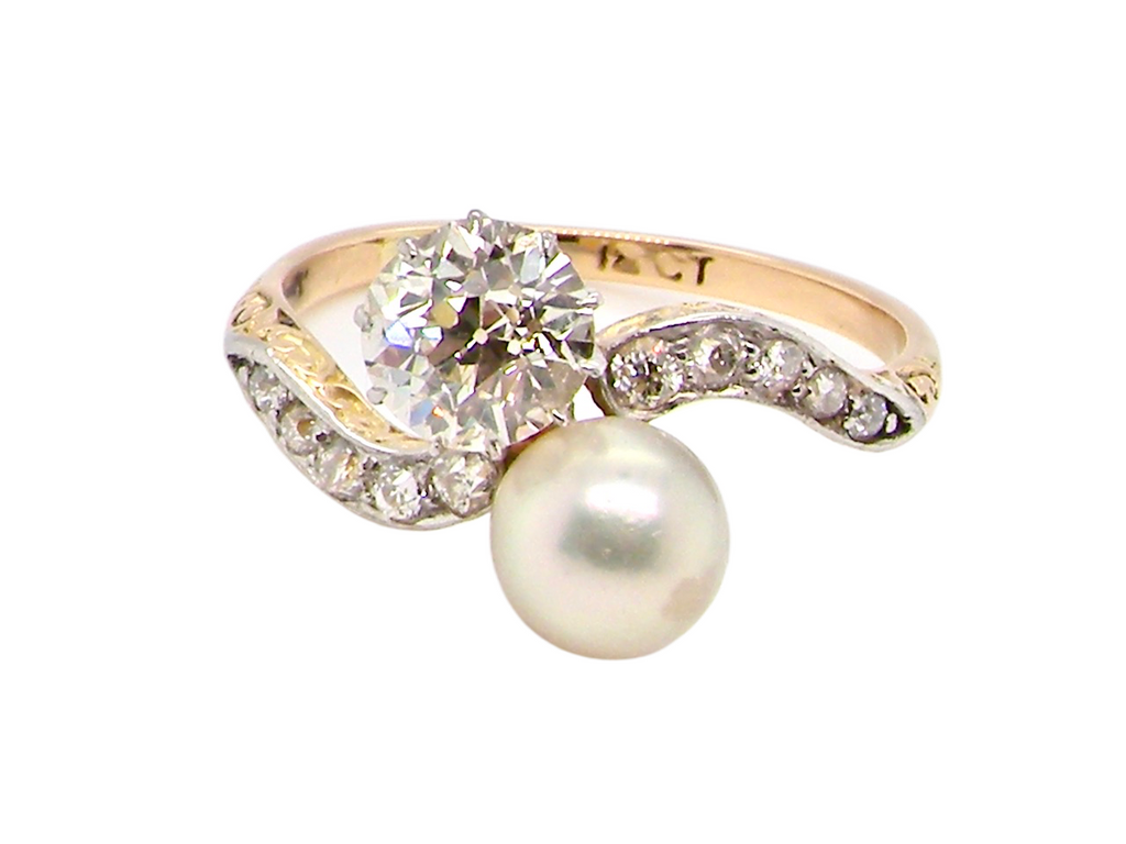 pearl and diamond two stone ring