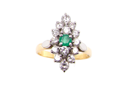 Vintage marquise shaped emerald and diamond cluster ring
