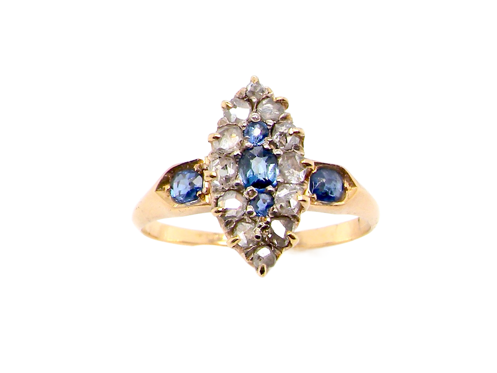 antique marquise shaped sapphire and diamond ring