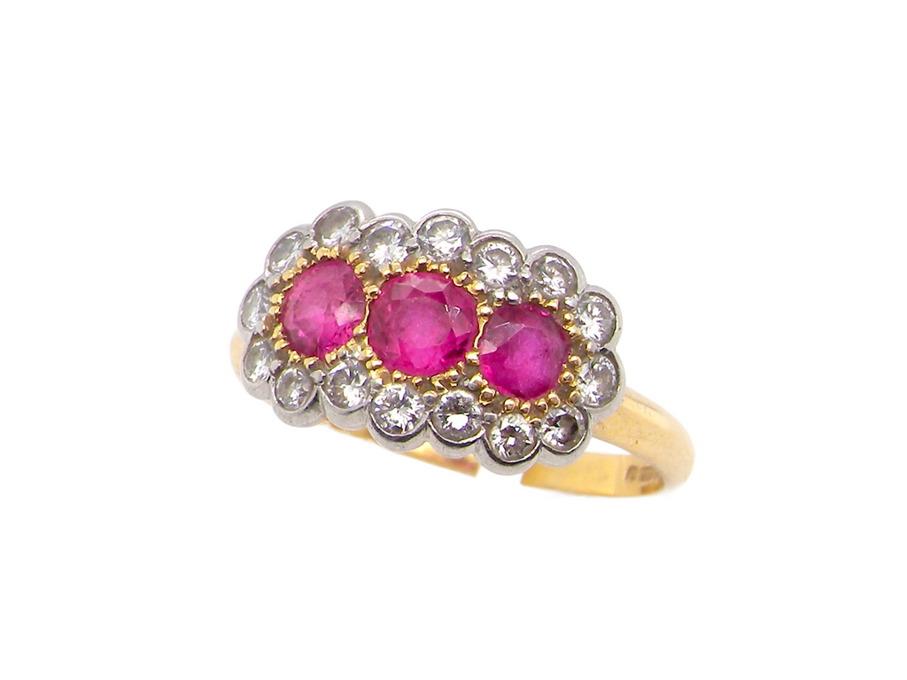 vintage gold triple cluster ruby and diamond ring