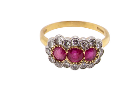 vintage  18 carat gold triple cluster ruby and diamond ring