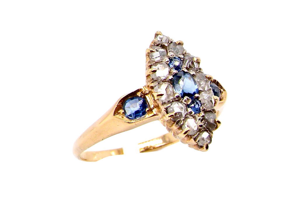 Victorian antique marquise shaped sapphire and diamond ring