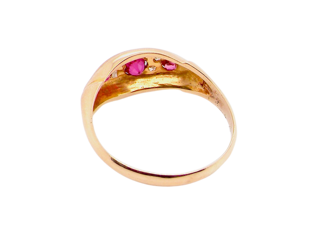 early 20th century antique ruby and diamond boat shaped ring