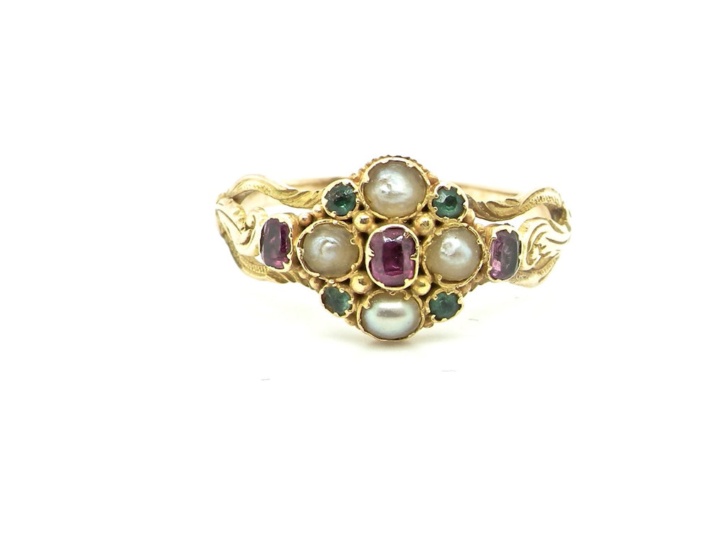 Victorian emerald, ruby and pearl dress ring