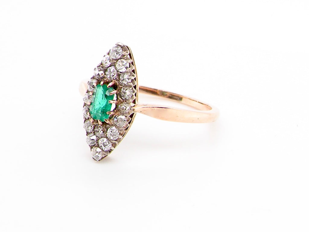 Edwardian marquise cluster emerald and diamond ring