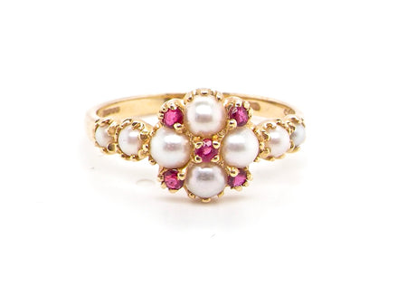 vintage pearl and ruby cluster dress ring