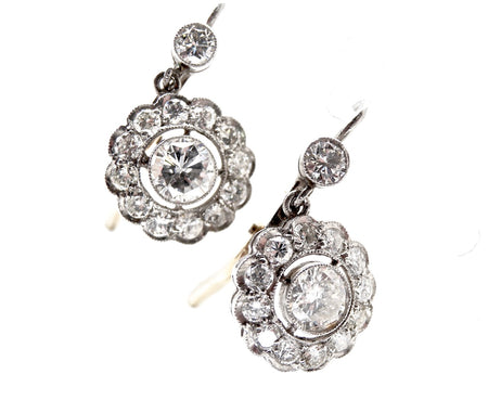 mid 20th century pair of antique diamond cluster drop earrings