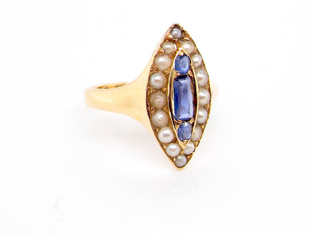 antique marquise shaped sapphire and pearl ring