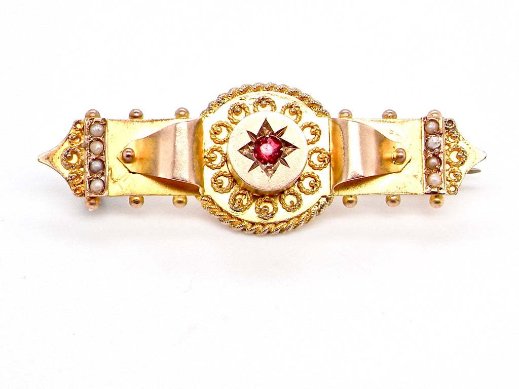 Victorian ruby and pearl bar brooch