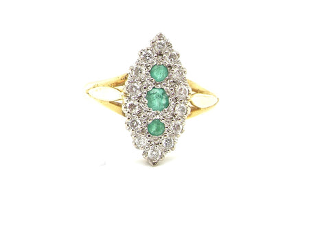 Vintage 18 carat gold emerald and diamond marquise shaped ring