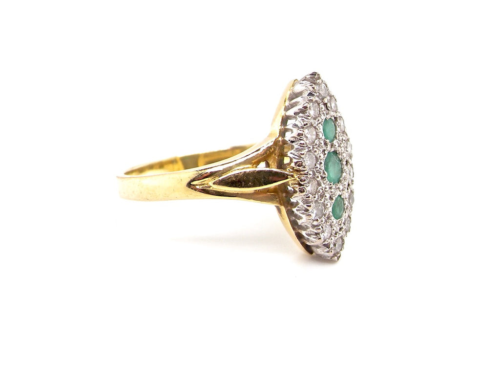 Vintage gold emerald and diamond marquise shaped ring