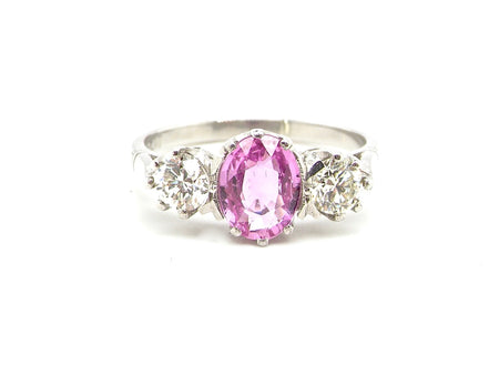 platinum three stone pink sapphire and diamond ring