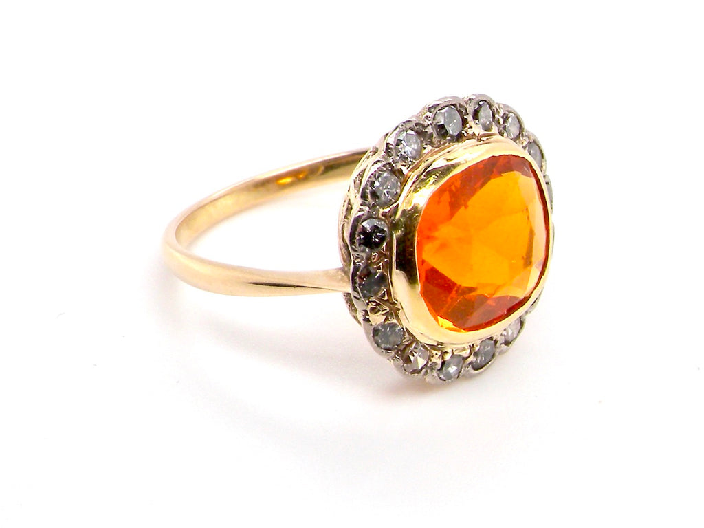 antique fire opal and diamond cluster ring