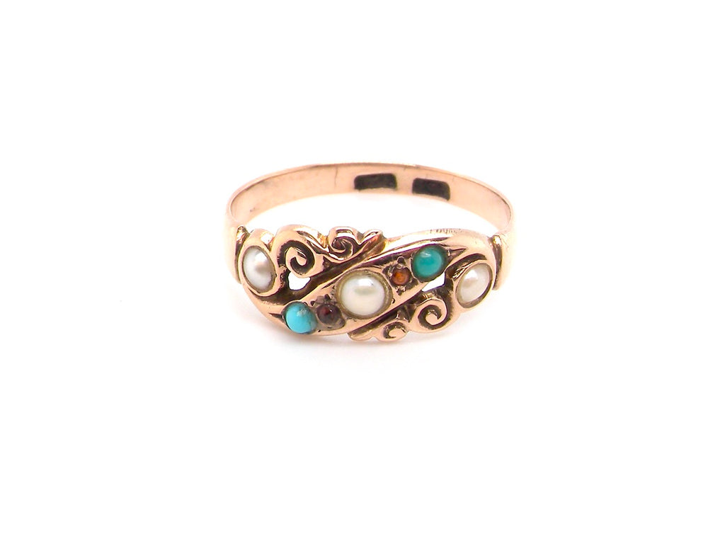 Victorian pearl, garnet and turquoise dress ring